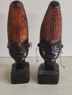 Handgesneden houten paar Afrikaanse vrouwenhoofden, Antiek en Kunst, Ophalen of Verzenden