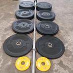 Olympische bumper plates set + Olympische barbell 220cm 20kg, Sport en Fitness, Fitnessmaterialen, Ophalen, Zo goed als nieuw