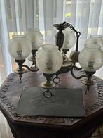 RETRO KROONLUCHTER VAN TIN-MESSING, Ophalen, Gebruikt, Glas, ANCIEN
