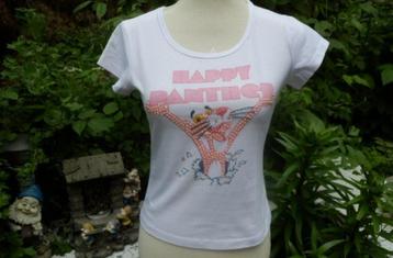 (6)- tee shirt femme t. 38 blanc et rose perles