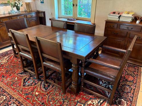 Rustieke eiken eettafel met 8 stoelen, Huis en Inrichting, Tafels | Eettafels, Gebruikt, 50 tot 100 cm, 200 cm of meer, Vijf personen of meer