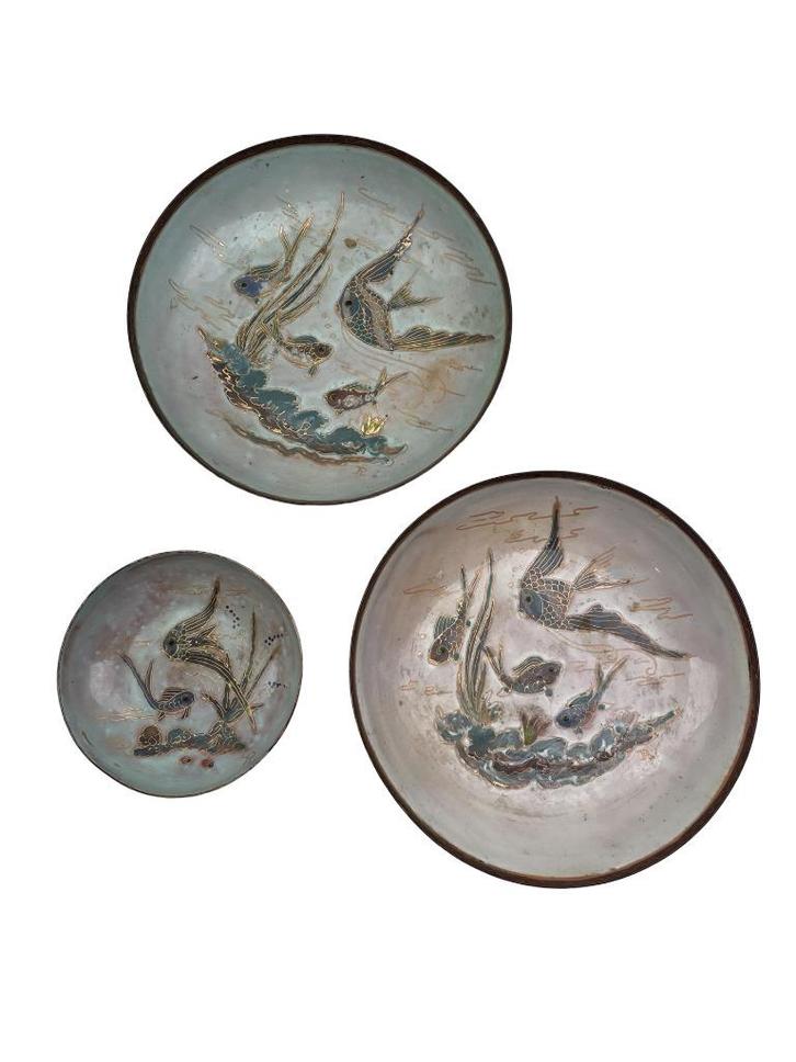 Ensemble de 3 coupelles vintage – Cuivre émaillé – Poissons, Antiquités & Art, Curiosités & Brocante, Enlèvement ou Envoi