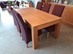 Houten eettafel en 6 stoffen stoelen in aubergine kleur, 150 à 200 cm, Cinq personnes ou plus, Comme neuf, Enlèvement