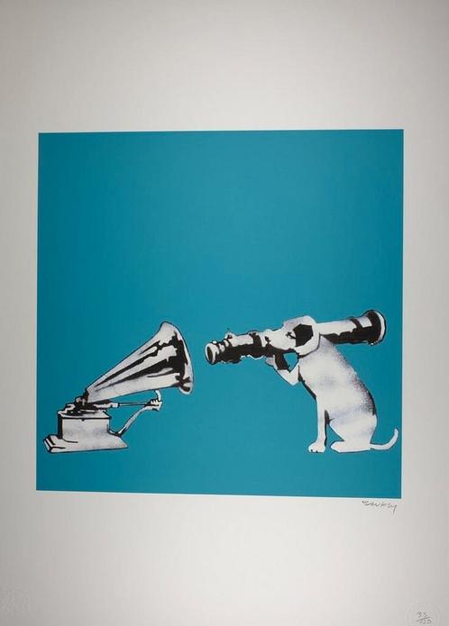 Banksy - HMV Dog (Litho), Huis en Inrichting, Woonaccessoires | Schilderijen, Tekeningen en Foto's, Zo goed als nieuw, Print, 50 tot 75 cm