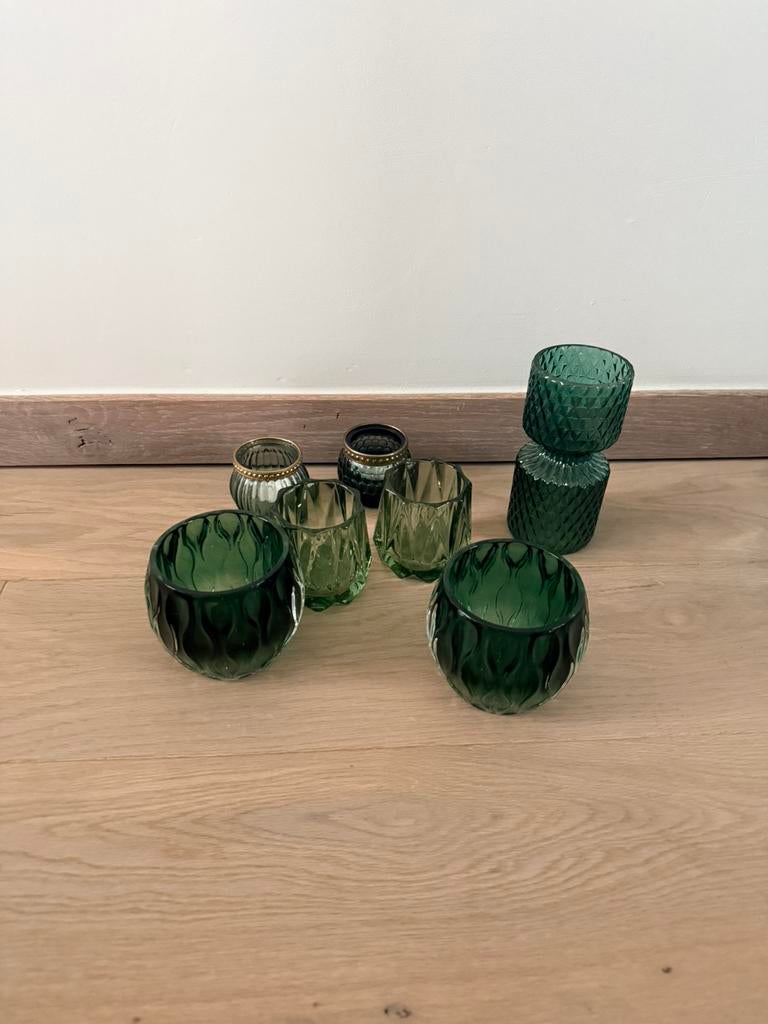 Set groene glazen theelichthouders – verschillende modellen, Enlèvement, Comme neuf