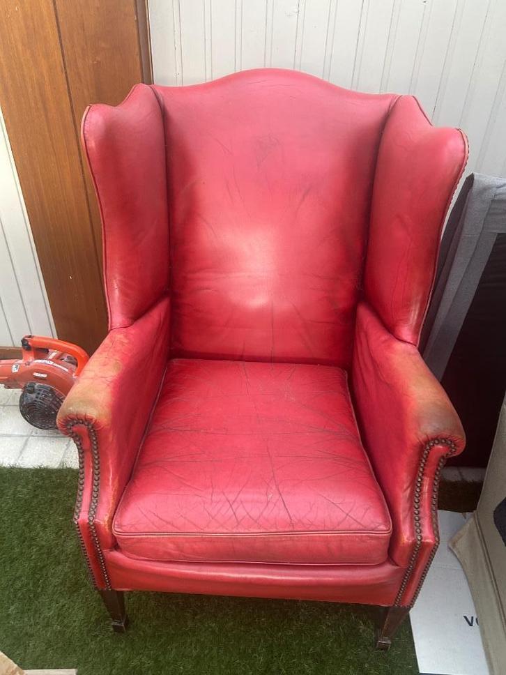 2 vintage rode leren zetels, Huis en Inrichting, Fauteuils, Gebruikt, Hout, Leer, Ophalen