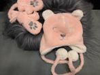 Knit-set baby muts + wanten roze pluche -one size"Nieuw, Nieuw, Muts, Meisje, Ophalen of Verzenden