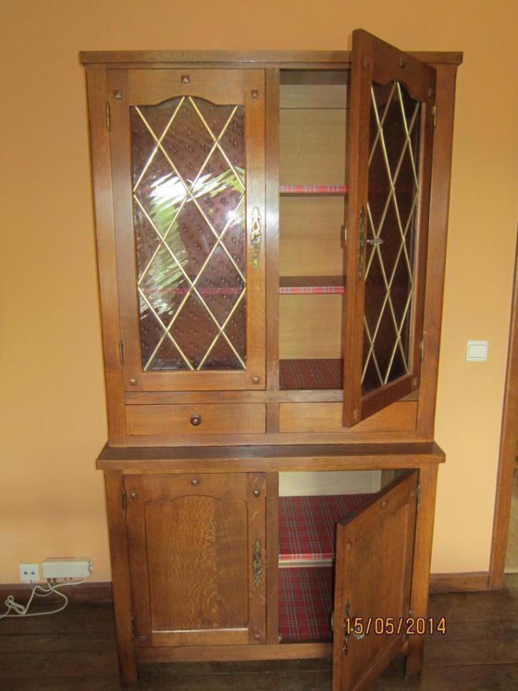 Buffet 2 corps chêne et vitraux adam D, Huis en Inrichting, Kasten | Buffetkasten, Gebruikt, Eikenhout, Ophalen