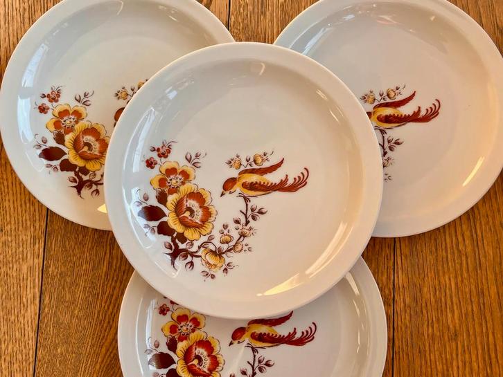Set van 4 retro Bareuther dessertbordjes paradijsvogel, Antiek en Kunst, Antiek | Servies los, Ophalen of Verzenden