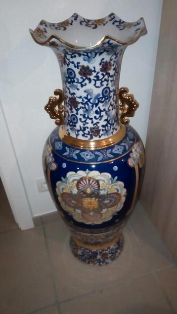 Sublime grand vase decoratif bleu azur floral 1m de hauteur