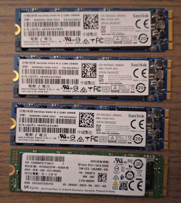 4 x 256GB M.2 SATA SSDs, Computers en Software, Harde schijven, Gebruikt, Intern, SSD, SATA, Ophalen of Verzenden