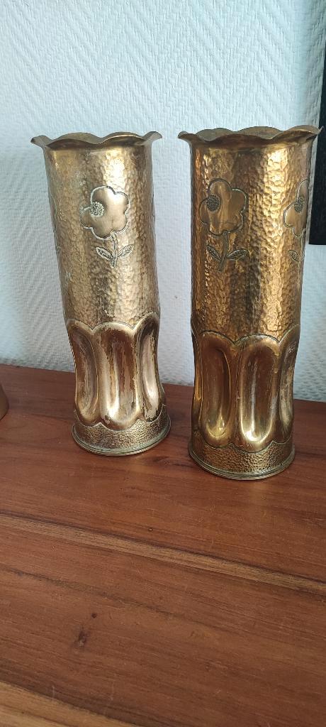 Koperen obussen WOII 1940 en 1942 met klaprozen, Antiek en Kunst, Antiek | Brons en Koper, Koper, Ophalen of Verzenden