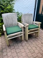 6 teaken stapelbare tuinstoelen met groen zitkussen, Ophalen, Gebruikt, Teakhout, Stapelbaar