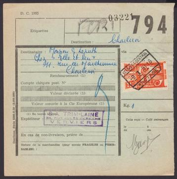 1950 - BELGIË - Spoorwegdocument [OBP/COB TR322] + VERVIERS beschikbaar voor biedingen