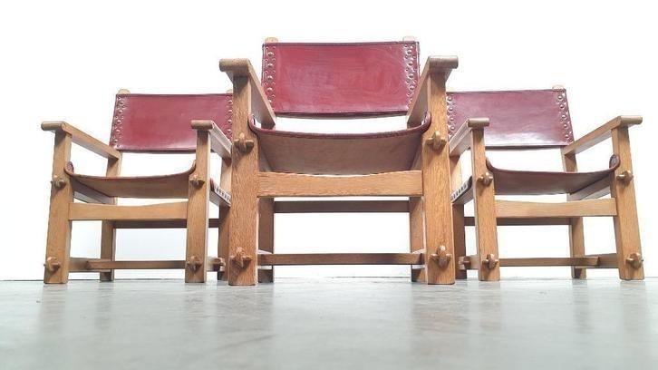 Brutalist Vintage  Eiken Stoel Arts & Crafts Leer, Antiquités & Art, Art | Objets design, Enlèvement