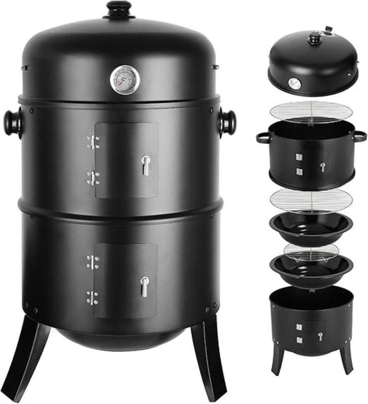 Rookoven 3-in-1 houtskool grill rookton + deksel thermometer, Tuin en Terras, Houtskoolbarbecues, Ophalen