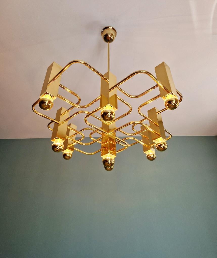 Koperen kroonluchter, ontworpen G. Sciolari, Boulanger, 1970, Ophalen