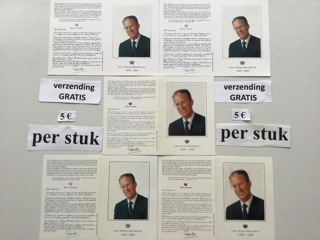 5 rouwprentjes van Koning Boudewijn MET GRATIS VERZENDING, Verzamelen, Bidprentjes en Rouwkaarten, Ophalen of Verzenden, Rouwkaart