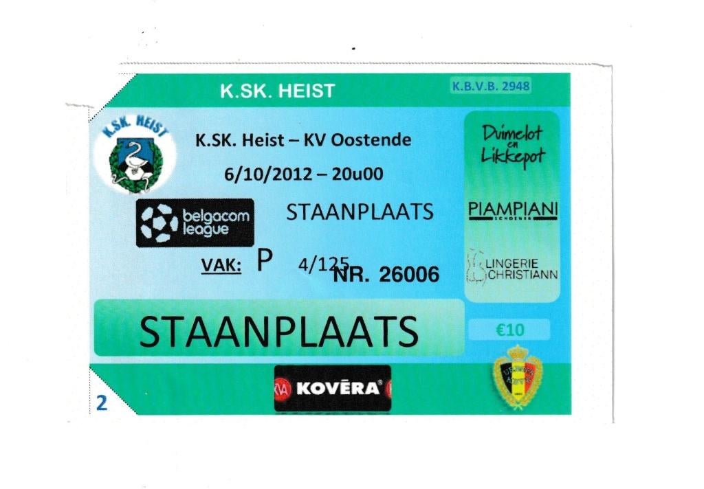 (gebruikt) ticket K.SK. Heist - KV Oostende : 06/10/2012, Ophalen of Verzenden, Gebruikt, Overige typen