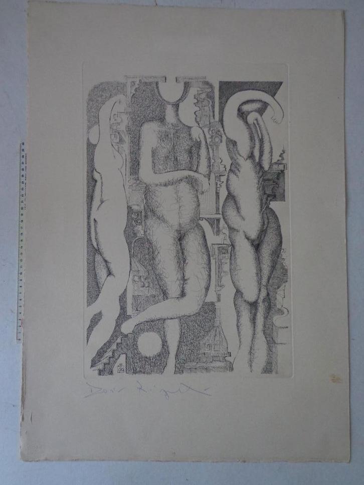 surrealistische ets van Hubert Minnebo "Drie personen", Antiek en Kunst, Kunst | Etsen en Gravures, Ets, Gesigneerd, Portret, 1950 - 1999