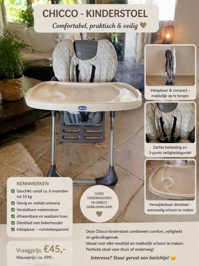 Chicco - chaise pour bébé, confortable, pratique et sûre., Maison & Meubles, Bureaux, Enlèvement