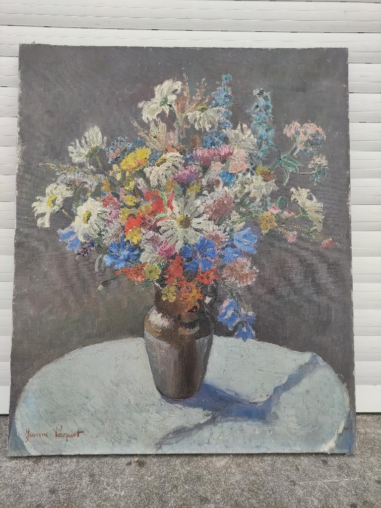 huile sur toile nature morte signe jeanne paquet, Antiquités & Art, Enlèvement ou Envoi