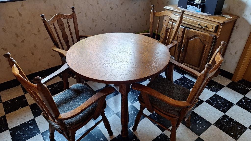 Ronde tafel met 4 stoelen (massieve eik, diam. 100cm), Huis en Inrichting, Tafels | Eettafels, Ophalen, 50 tot 100 cm, 50 tot 100 cm