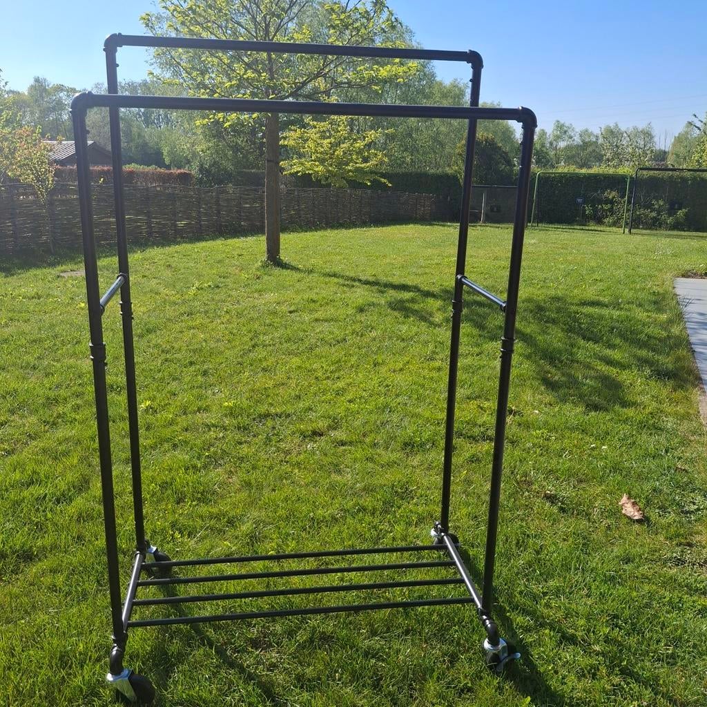 Industrieel Kledingrek op Wieltjes - Dubbel – Zwart Metaal, Ophalen