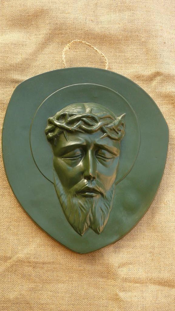 Christushoofd van gebronsd aardewerk - Deutsche Werkstätte, Antiek en Kunst, Antiek | Religieuze voorwerpen, Ophalen of Verzenden