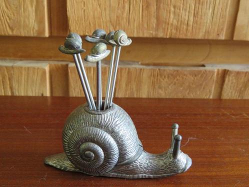 Vintage slak cocktailprikker set tin, Antiek en Kunst, Curiosa en Brocante, Ophalen of Verzenden