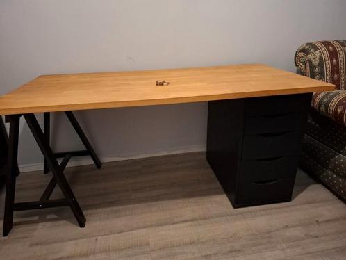 Beuken houten bureau + zwarte schrank en bureaukast, Huis en Inrichting, Bureaus, Zo goed als nieuw, Bureau, Ophalen