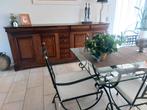 Tafel met 6 stoelen glazen blad met ijzer onderstel, Ophalen, Gebruikt