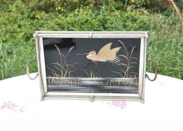 § plateau art deco metal et verre vol d'un volatile