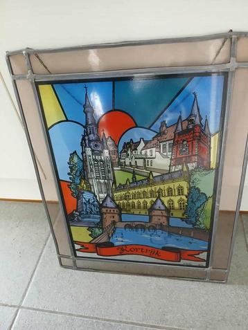 Antiek glas-in-loodraam brandglas glasraam stad Kortrijk  beschikbaar voor biedingen