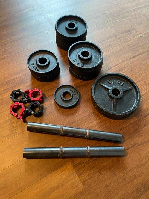 50mm halterschijven met dumbells, sluiting en schijvenhouder, Sport en Fitness, Fitnessmaterialen, Zo goed als nieuw, Halterschijven