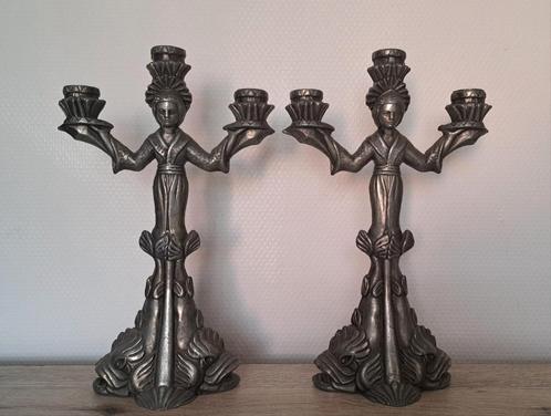 Vintage grote tinnen Geisha kandelaars, Antiek en Kunst, Antiek | Kandelaars, Ophalen of Verzenden