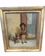 19de eeuws schilderij "jongen met hondje"., Ophalen of Verzenden