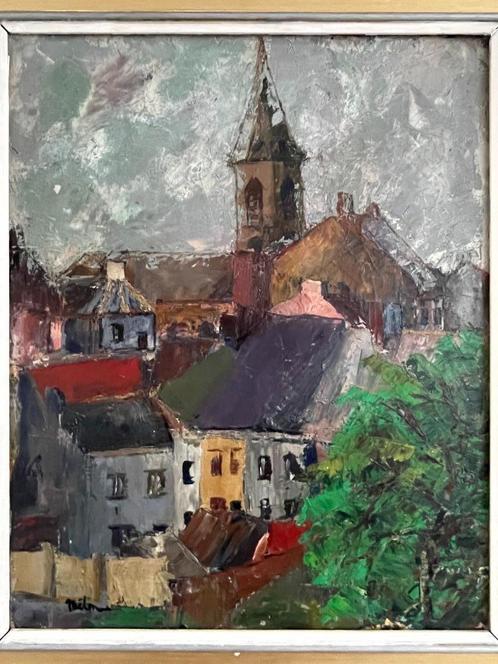 René Mélon; "Zicht op kerk en huizen", Antiek en Kunst, Kunst | Schilderijen | Abstract, Ophalen of Verzenden