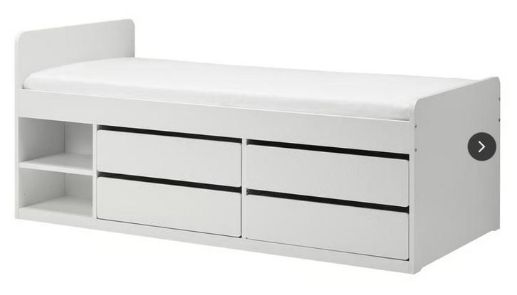 Bed met opberger Ikea SLÄKT, Huis en Inrichting, Slaapkamer | Bedden, Zo goed als nieuw, Eenpersoons, 90 cm, 200 cm, Hout, Wit