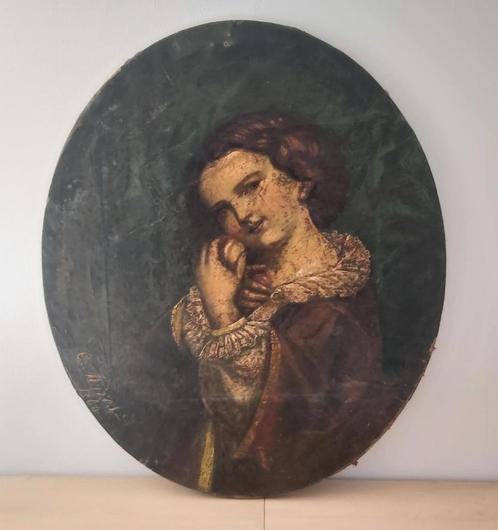 Prachtig antiek donker ovaal portretschilderij 1866, Antiek en Kunst, Kunst | Schilderijen | Klassiek, Ophalen of Verzenden