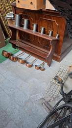 Rek met 6 tinnen kannen en 6 koperen steelpannen, Antiek en Kunst, Ophalen
