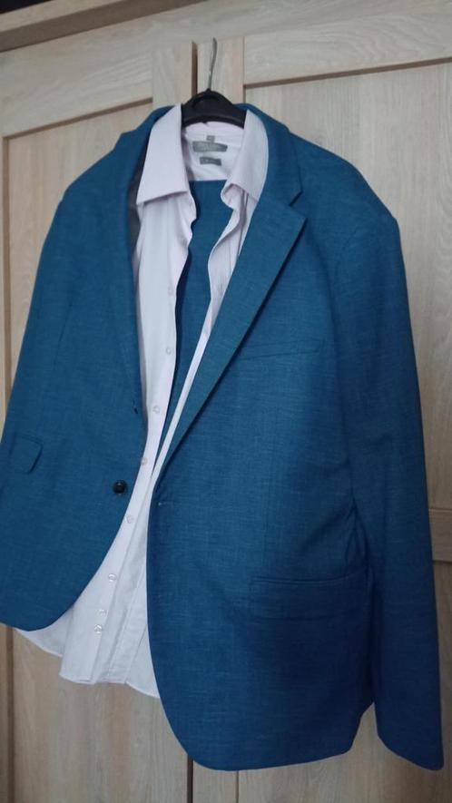 Blauw kostuum, (vest en broek) nog zo goed als nieuw,, Kleding | Heren, Kostuums en vesten, Zo goed als nieuw, Maat 56/58 (XL)