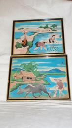 2 Oude kadertjes met op zijde geschilderd Chinees werkje, Enlèvement ou Envoi