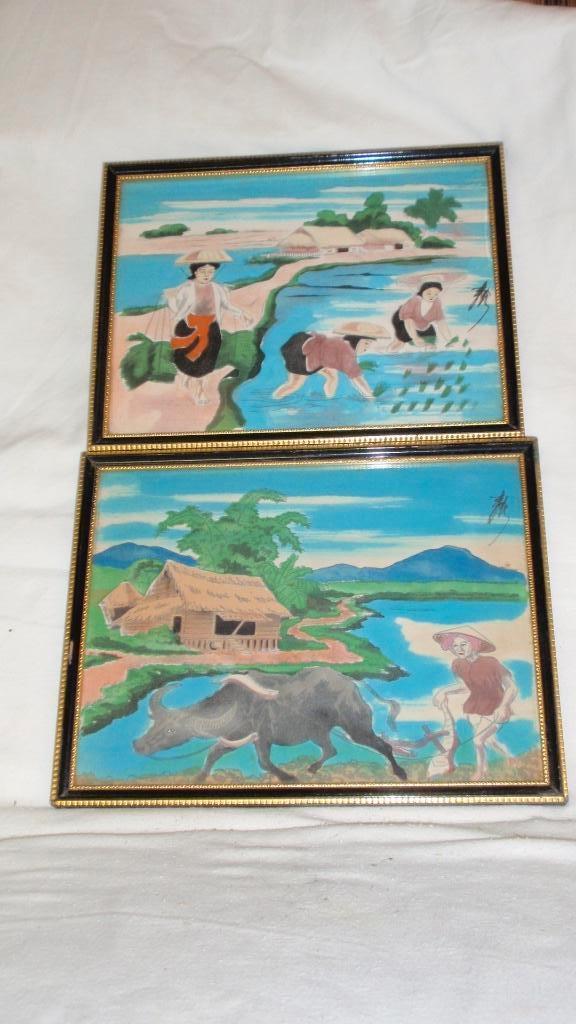 2 Oude kadertjes met op zijde geschilderd Chinees werkje, Antiquités & Art, Art | Peinture | Classique, Enlèvement ou Envoi