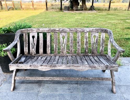 Rustieke iroko houten tuinbank – opknap of decoratieproject, Tuin en Terras, Tuinbanken, Gebruikt, Hout, Ophalen of Verzenden