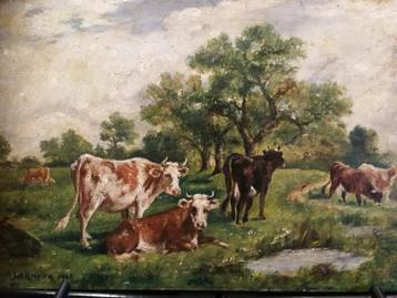 Antiek schilderij koeien, H. W. Van Rijswijck, 1903 beschikbaar voor biedingen