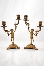 Paar 19e eeuwse bronzen kandelaars putti Napoleon III, Antiek en Kunst, Ophalen of Verzenden