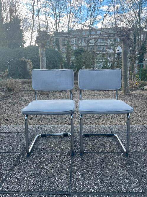6 stoelen chrome buis met grijze bekleding in ribfluweel, Huis en Inrichting, Stoelen, Zo goed als nieuw, Ophalen
