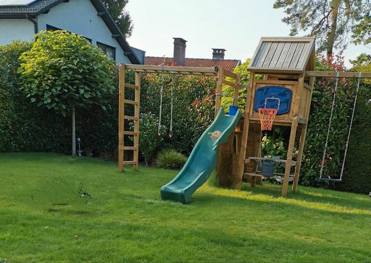 houten speelhuis tuin, glijbaan, monkey bar, schommel, Kinderen en Baby's, Speelgoed | Buiten | Speeltoestellen, Gebruikt, Glijbaan