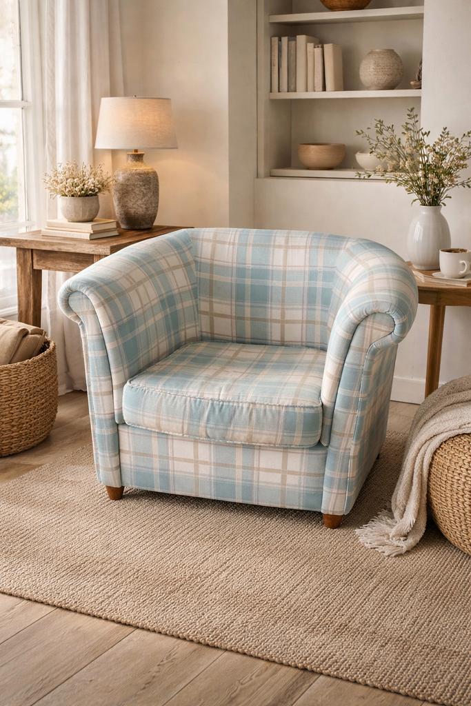 Gezellige stoffen zetel / fauteuil – zachte ruit, Maison & Meubles, Canapés | Sofas & Chaises Longues, Tissus, Enlèvement